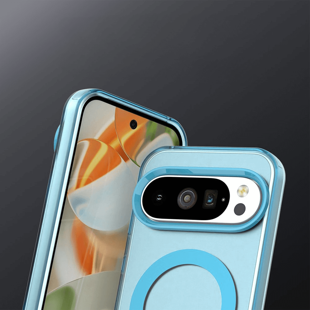 Zwei blaue Smartphones mit Schutzhüllen, Vorderseite mit Display, Rückseite mit Kamera und Blitz