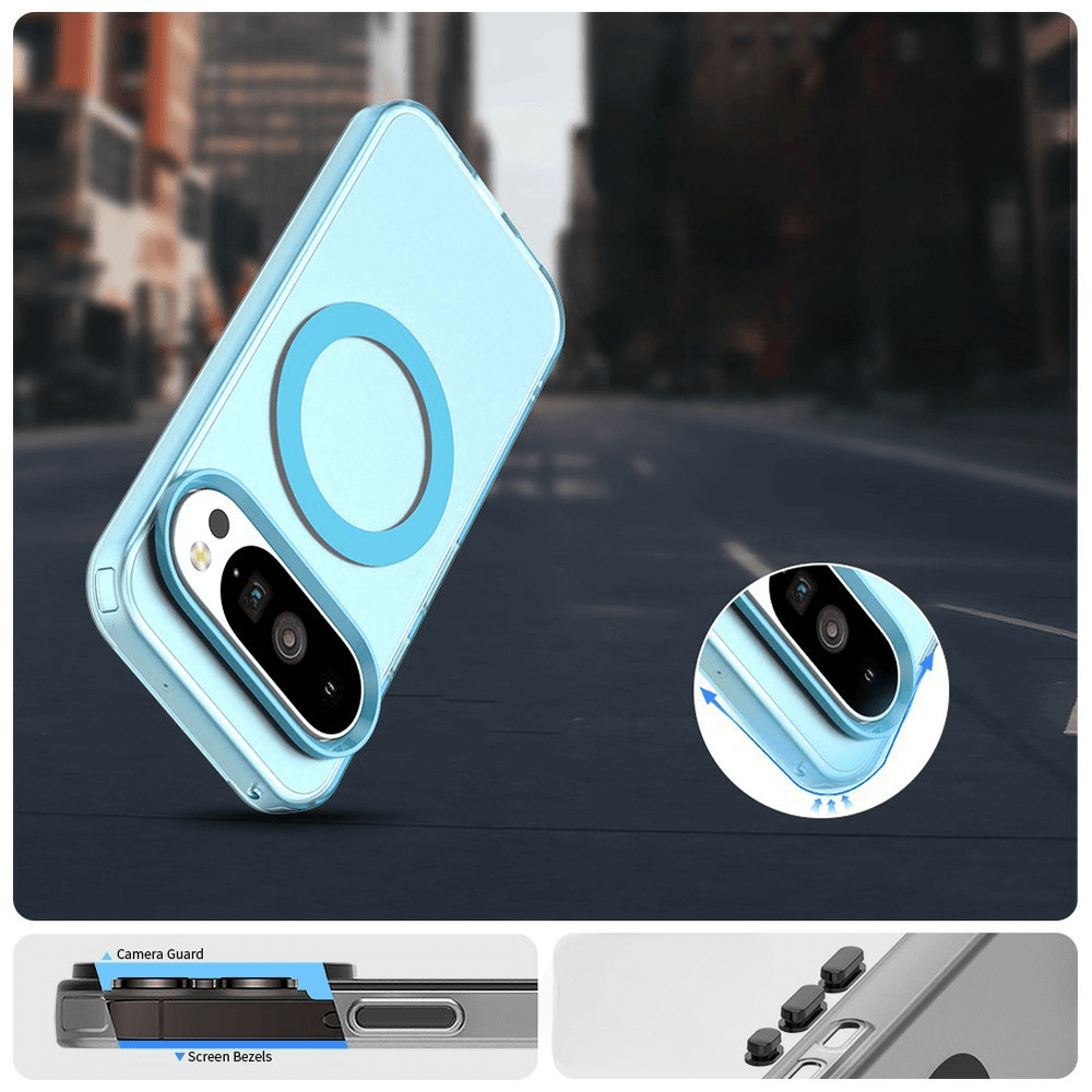 Die Google Pixel 10 Pro XL - Acryl-Handyhülle mit Magnet und Farbakzent von Cover-Discount bietet stylischen Rundumschutz, MagSafe-Kompatibilität sowie Kamera- und Displayschutz - hier im modernen City-Look gezeigt.