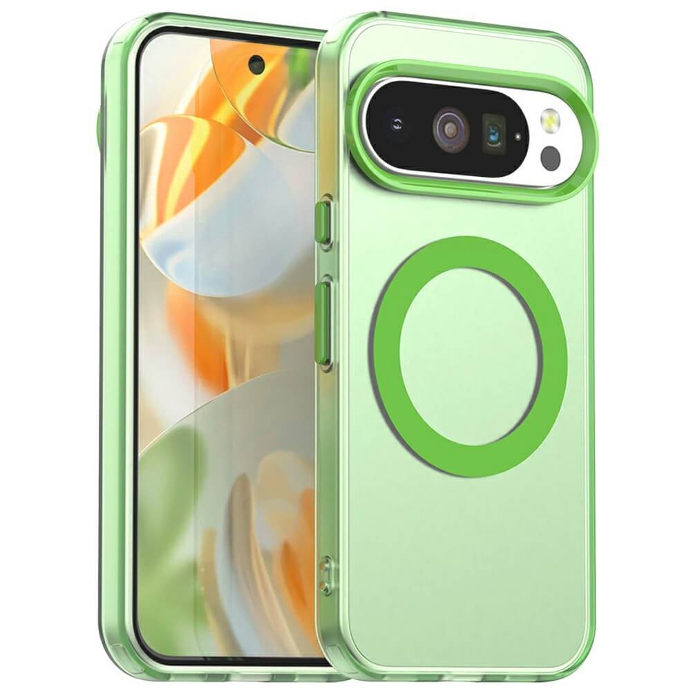 Modernes Smartphone mit grünem Schutzcase und kreisförmigem Design, buntes abstraktes Hintergrundbild.