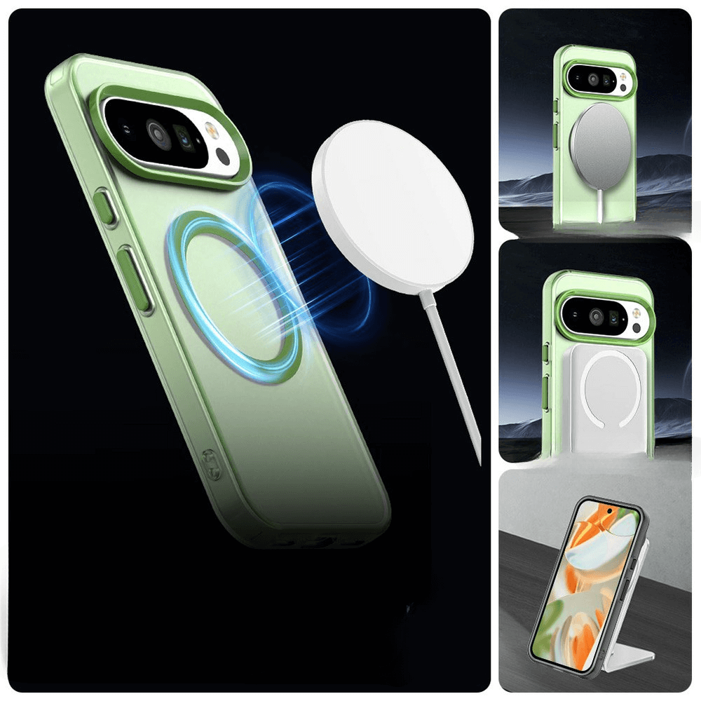 Grüne MagSafe-Smartphone-Hülle mit magnetischem Ladegerät und Halterung vor Bergkulisse