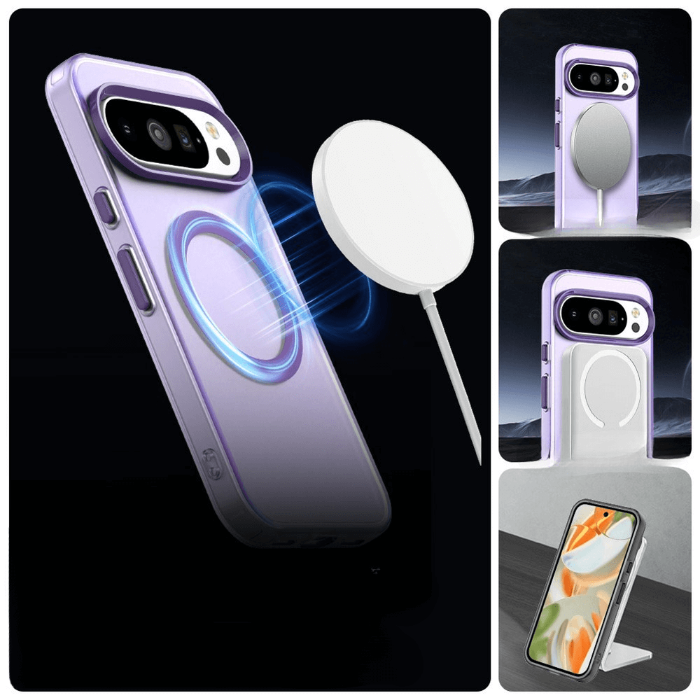 Transparente hellviolette Handyhülle auf Smartphone mit Dual-Kamera, kompatibel mit magnetischem Ladegerät