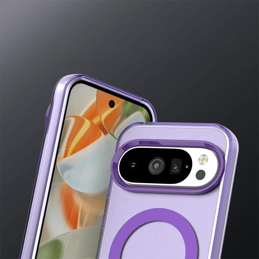 Modernes violettes Smartphone mit buntem abstraktem Bildschirmhintergrund und Mehrfachkamera, 5G-fähig.