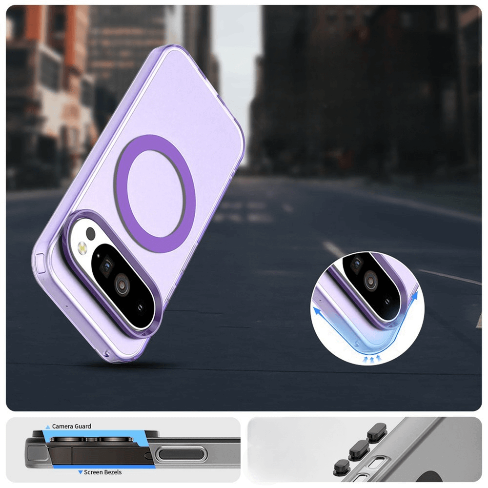 Lila Smartphone-Hülle mit magnetischem Ring, Kamera-Schutz für duale Kamera, Seitenansicht gezeigt.