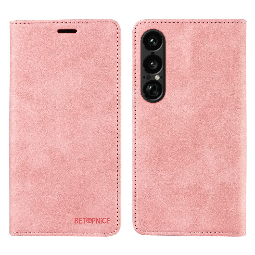 Sony Xperia 1 VII – Vintage Flip Case von Cover-Discount mit faltbarer Abdeckung, RFID-Schutz, Brieftaschenfunktion und in Pink mit Vorder- und Rückseite abgebildet.