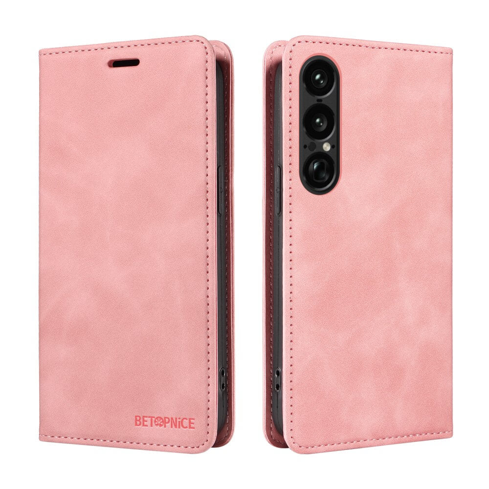 Zwei rosafarbene Sony Xperia 1 VII Vintage Flip Cases aus Leder von Cover-Discount mit RFID-Schutz und Brieftaschenfunktion werden von vorne und hinten mit präzisen Kameraaussparungen präsentiert.