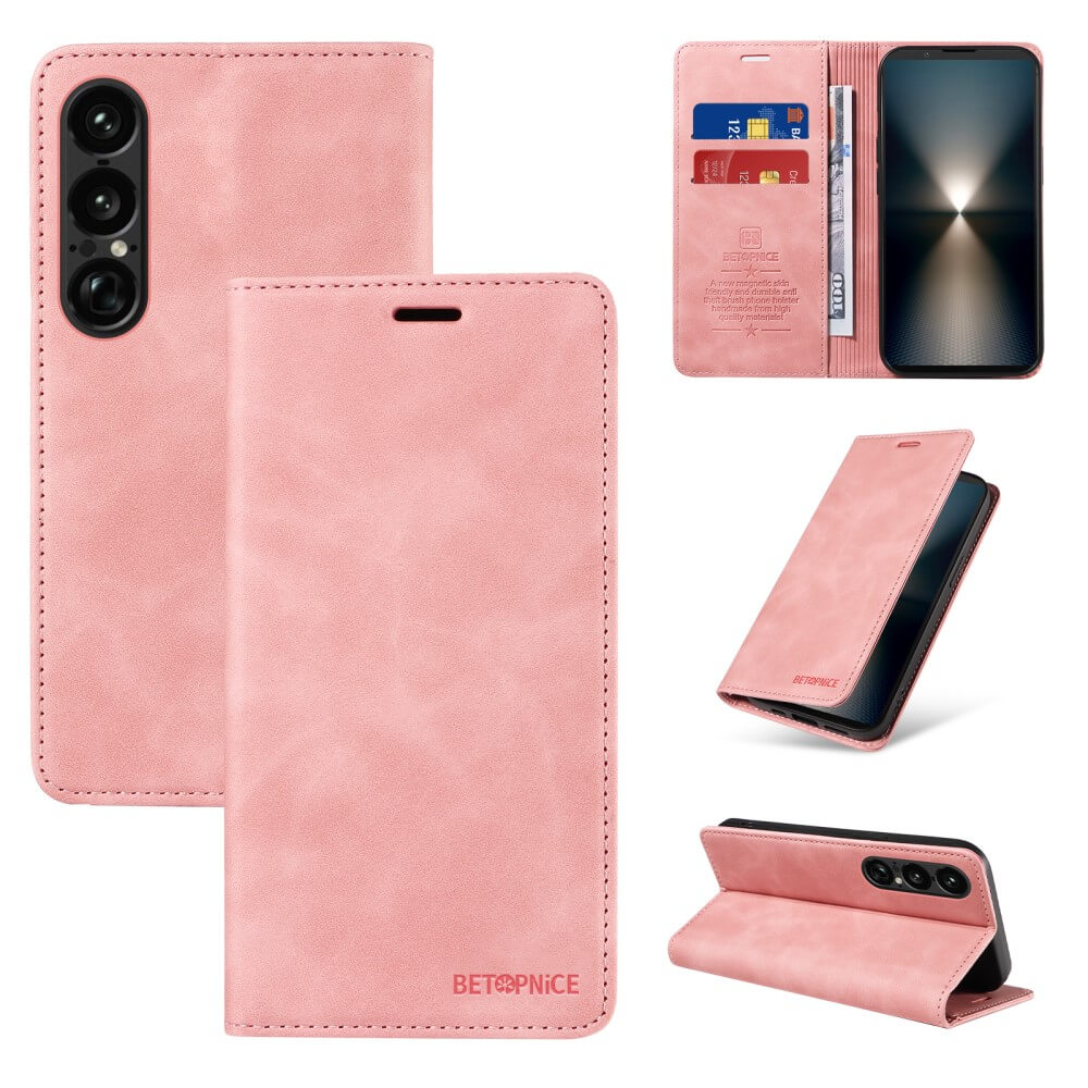 Das Cover-Discount Sony Xperia 1 VII Vintage Flip Case aus rosa Leder verfügt über RFID-Schutz, Kartenfächer und wird mit einem Smartphone in geöffneter und geschlossener Position gezeigt.