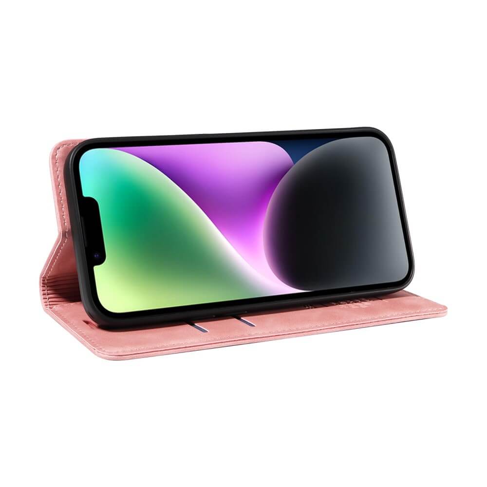 Ein Sony Xperia 1 VII in einem rosafarbenen Cover-Discount Vintage Flip Case mit RFID-Schutz, horizontal als Ständer aufgestellt und mit buntem Bildschirm.