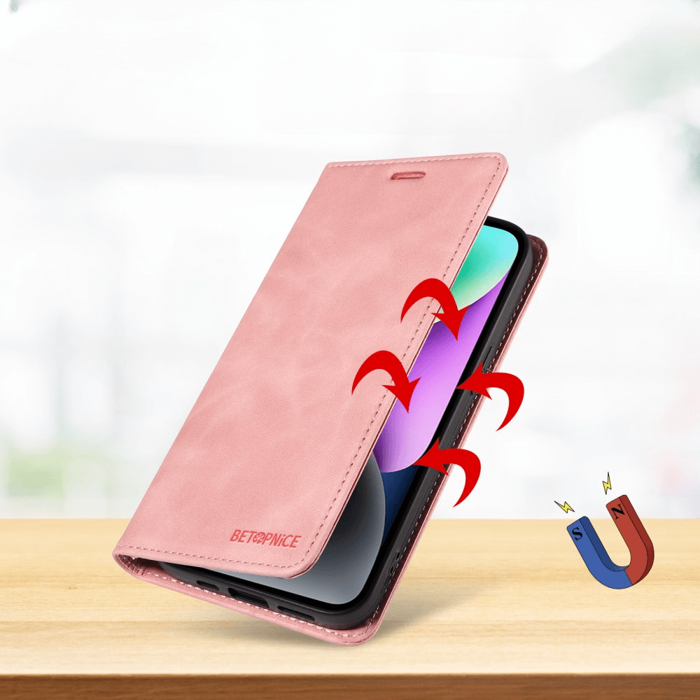 Das Cover-Discount Sony Xperia 1 VII – Vintage Flip Case, abgebildet mit RFID-Schutz und Magnetsymbol, verfügt über ein rosa Design mit roten Pfeilen auf einer Holzoberfläche.