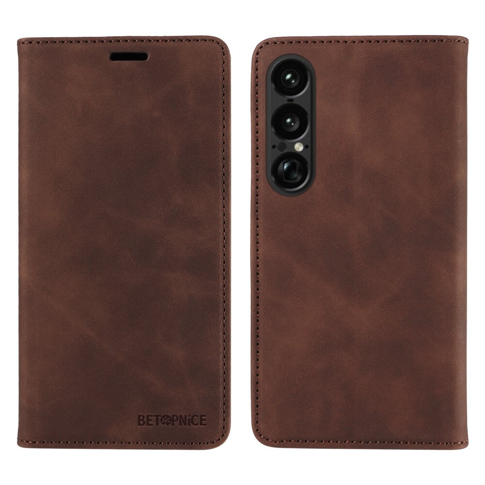 Vintage-Flip-Case für das Sony Xperia 1 VII aus braunem Leder, Vorder- und Rückseite abgebildet. Mit Kameraausschnitt, RFID-Schutz und Cover-Discount-Branding.