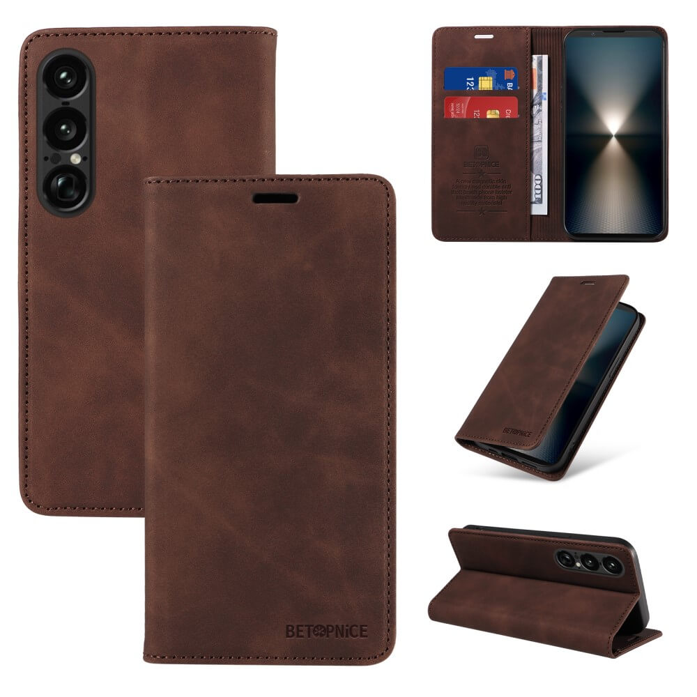 Vintage Flip Case aus braunem Leder für Sony Xperia 1 VII von Cover-Discount mit RFID-Schutz – geschlossen, offen mit Kartenfächern und als praktischer Stand nutzbar.