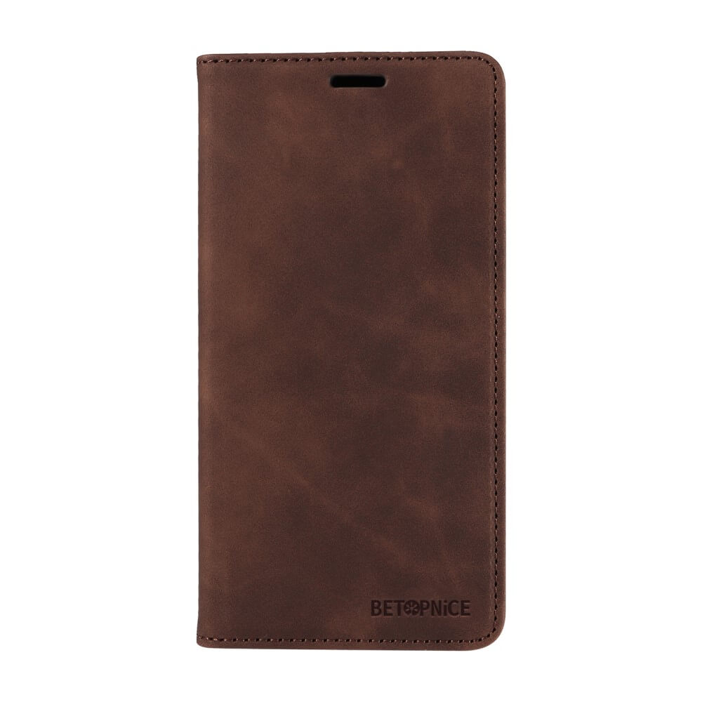 Cover-Discount Sony Xperia 1 VII Vintage Flip Case: Braune Lederhülle im Brieftaschenstil mit geprägtem Logo unten rechts, inklusive Brieftaschenfunktion für Karten und Bargeld.