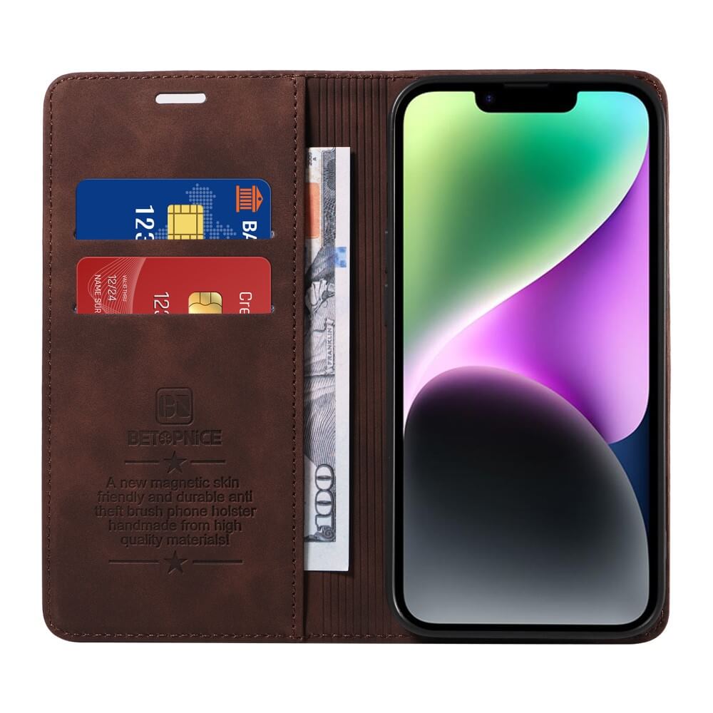 Das Cover-Discount Sony Xperia 1 VII Vintage Flip Case aus braunem Leder verfügt über RFID-Schutz und bietet Platz für Kreditkarten, Bargeld und Ihr Smartphone mit buntem Bildschirm.