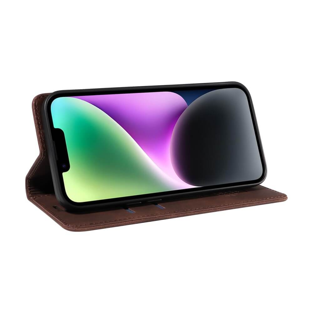 Das Sony Xperia 1 VII wird horizontal in einem braunen Cover-Discount Vintage Flip Case mit Brieftaschenfunktion dargestellt und zeigt einen farbenfrohen Bildschirm.