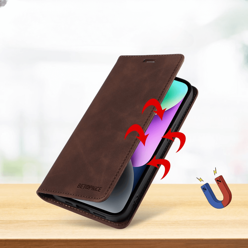 Das Sony Xperia 1 VII – Vintage Flip Case von Cover-Discount aus braunem Leder verfügt über einen Magnetverschluss, RFID-Schutz und eine Brieftaschenfunktion – teilweise geöffnet mit roten Pfeilen und einem Magnetsymbol dargestellt.