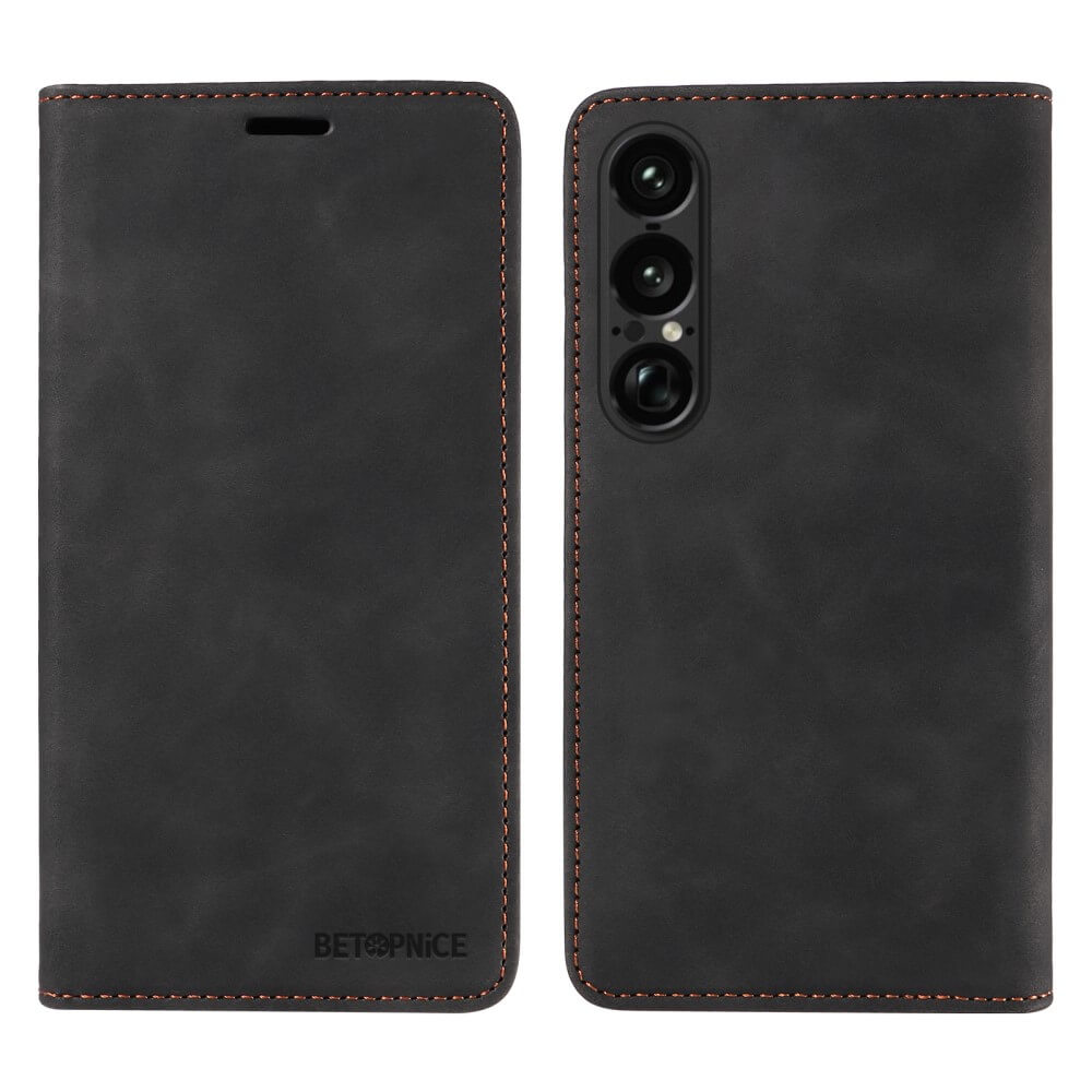 Das Cover-Discount Sony Xperia 1 VII Vintage Flip Case besteht aus schwarzem Leder mit braunen Nähten, bietet RFID-Schutz für mehr Sicherheit, Wallet-Funktion zur Kartenaufbewahrung und Kameraaussparungen, sowohl im offenen als auch im geschlossenen Zustand.