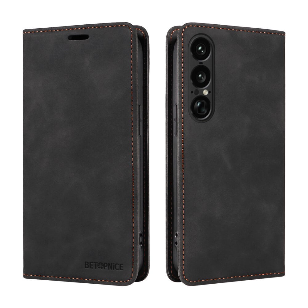 Das Cover-Discount Sony Xperia 1 VII Vintage Flip Case aus schwarzem Leder mit braunen Nähten bietet RFID-Schutz und Brieftaschenfunktionalität, wird offen und geschlossen dargestellt und ist für Ihr faltbares Smartphone konzipiert.