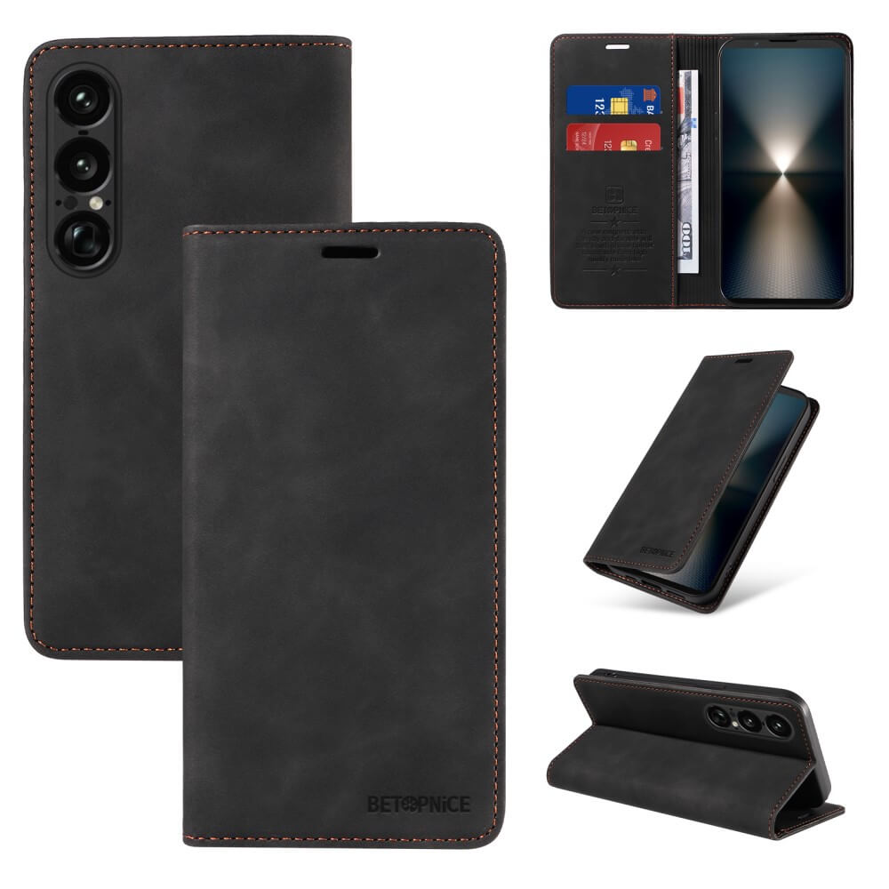 Das Cover-Discount Sony Xperia 1 VII Vintage Flip Case in Schwarz bietet Wallet-Funktion, Kartenfächer, braune Nähte, Standfunktion aus verschiedenen Blickwinkeln und RFID-Schutz für zusätzliche Sicherheit.