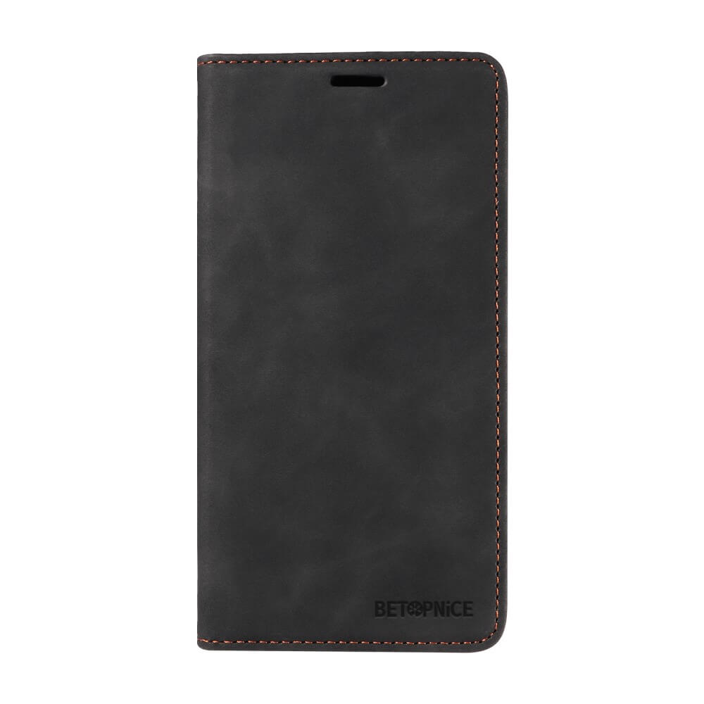 Das Cover-Discount Sony Xperia 1 VII Vintage Flip Case aus schwarzem Leder mit braunen Nähten bietet Wallet-Funktion, integrierten RFID-Schutz und trägt das BETOPNICE Logo unten rechts.