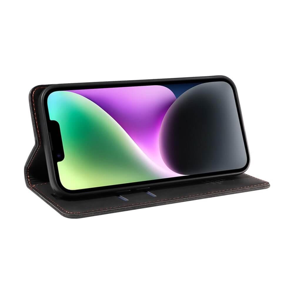 Sony Xperia 1 VII in einem schwarzen Cover-Discount Vintage Flip Case mit Brieftaschenfunktion, horizontal aufgestellt im Standmodus.