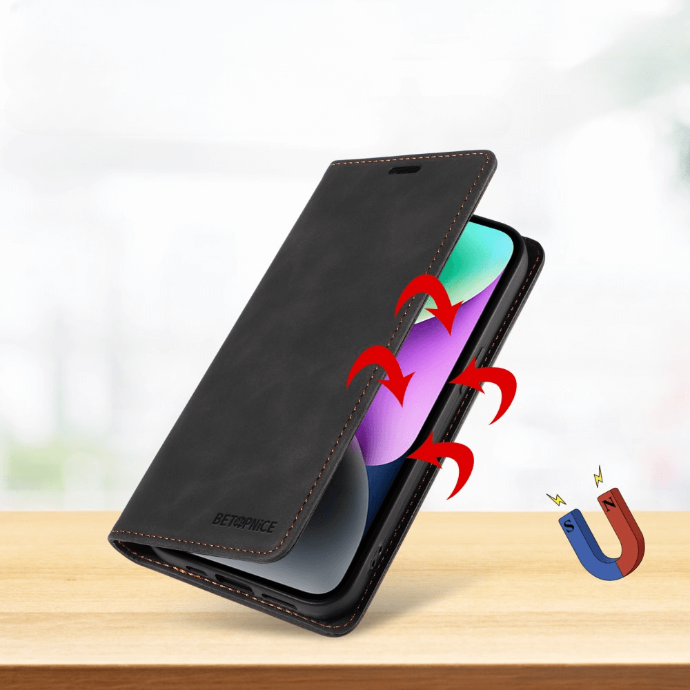Ein Sony Xperia 1 VII in einem schwarzen Cover-Discount Vintage Flip Case mit RFID-Schutz steht geöffnet auf einer Holzoberfläche, daneben sind Magnetsymbole abgebildet.