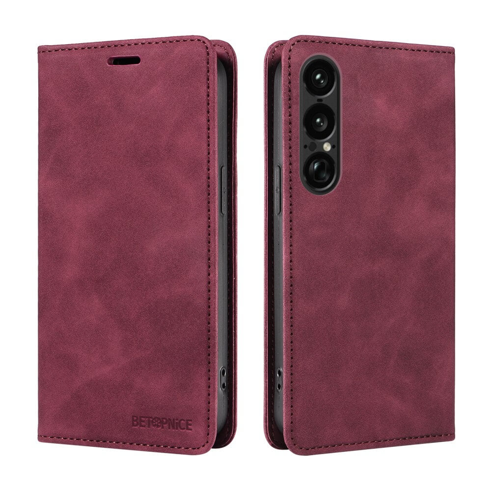 Das Cover-Discount Sony Xperia 1 VII Vintage Flip Case aus burgunderfarbenem Leder ist von vorne und hinten abgebildet und verfügt über eine praktische Brieftaschenfunktion.