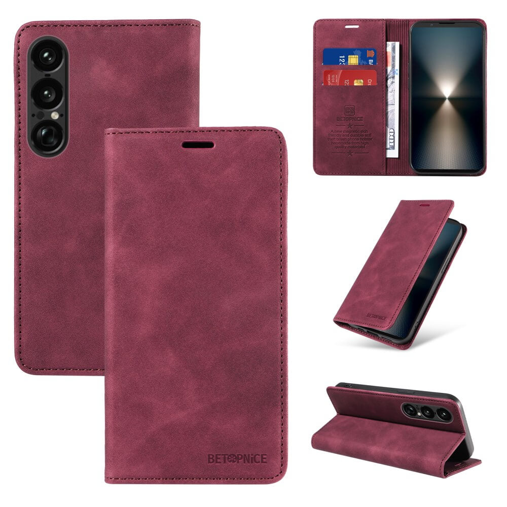 Das Cover-Discount Sony Xperia 1 VII Vintage Flip Case aus kastanienbraunem Leder bietet RFID-Schutz, Kartenfächer und eine Brieftaschenfunktion; abgebildet im geschlossenen Zustand, geöffnet und als Ständer zum Halten eines Smartphones.