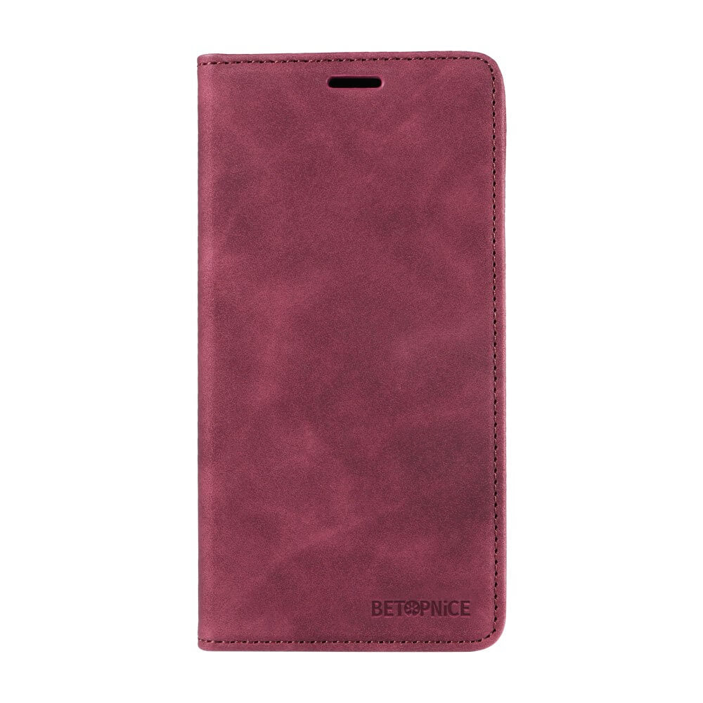 Das Cover-Discount Sony Xperia 1 VII Vintage Flip Case aus burgunderfarbenem Kunstleder verfügt über eine Brieftaschenfunktion, RFID-Schutz und ein diskretes Branding in der unteren rechten Ecke.