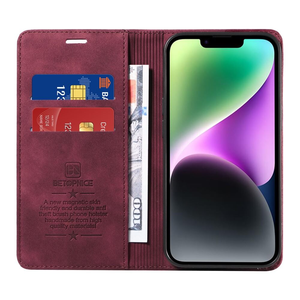 Öffnen Sie das kastanienbraune Cover-Discount Vintage Flip Case für das Sony Xperia 1 VII mit Brieftaschenfunktion zur Aufbewahrung Ihres Smartphones, Ihrer Kreditkarten und Ihres Bargelds.