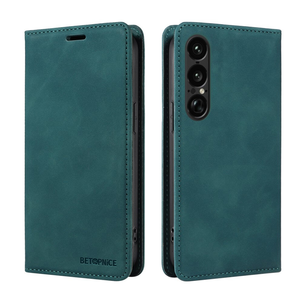Sony Xperia 1 VII Vintage Flip Case aus türkisfarbenem Leder mit RFID-Schutz, Kamera-Aussparung und Brieftaschenfunktion, geöffnet und geschlossen abgebildet. Marke: Cover-Discount.