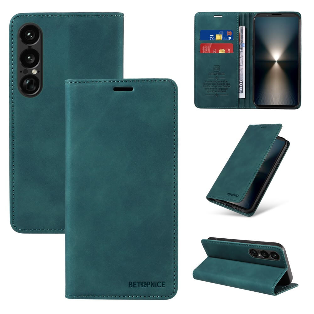 Das Sony Xperia 1 VII Vintage Flip Case aus blaugrünem Leder von Cover-Discount verfügt über RFID-Schutz, eine Brieftaschenfunktion und Kartenfächer – geöffnet, geschlossen und als Telefonständer mit einem Smartphone darin verwendet.