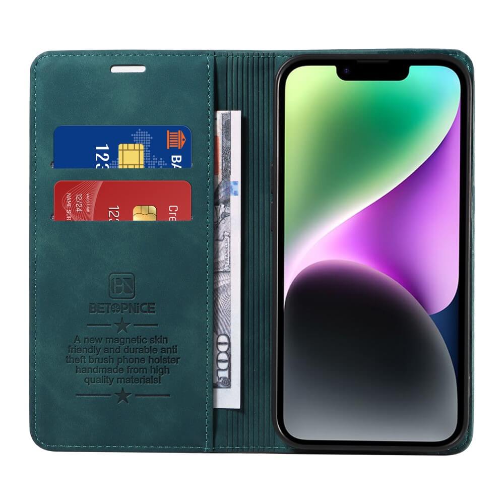 Öffnen Sie das blaugrüne Cover-Discount Vintage Flip Case für das Sony Xperia 1 VII mit Brieftaschenfunktion, um Karten, Bargeld und Ihr Smartphone mit buntem Bildschirm sicher aufzubewahren.