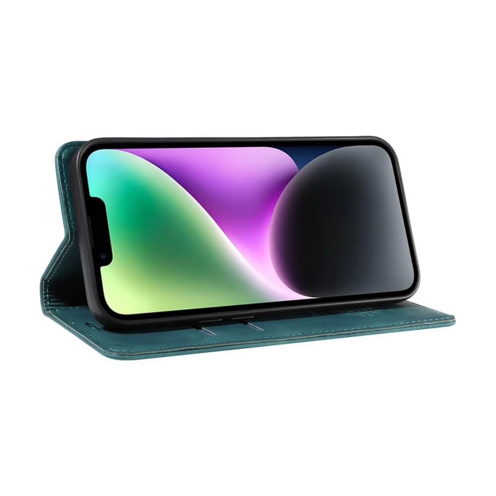 Das Sony Xperia 1 VII im türkisfarbenen Vintage Flip Case von Cover-Discount mit Wallet-Funktion liegt horizontal und zeigt ein lebendiges Display.
