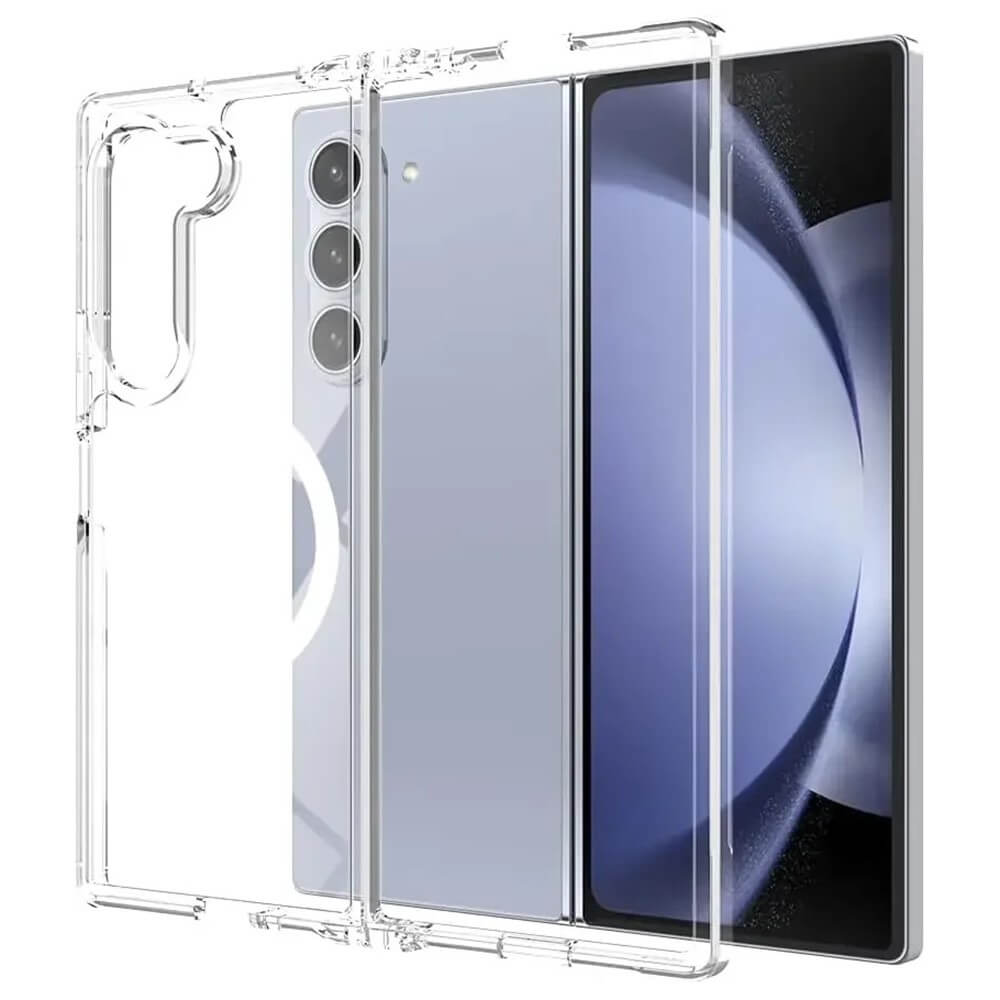 Die Galaxy Z Fold7 Schützende Acryl-Handyhülle mit Magnet von Cover-Discount bietet stylischen 360-Grad-Schutz und passt perfekt zu einem Smartphone mit drei Rückkameras und blau-weißem Display.