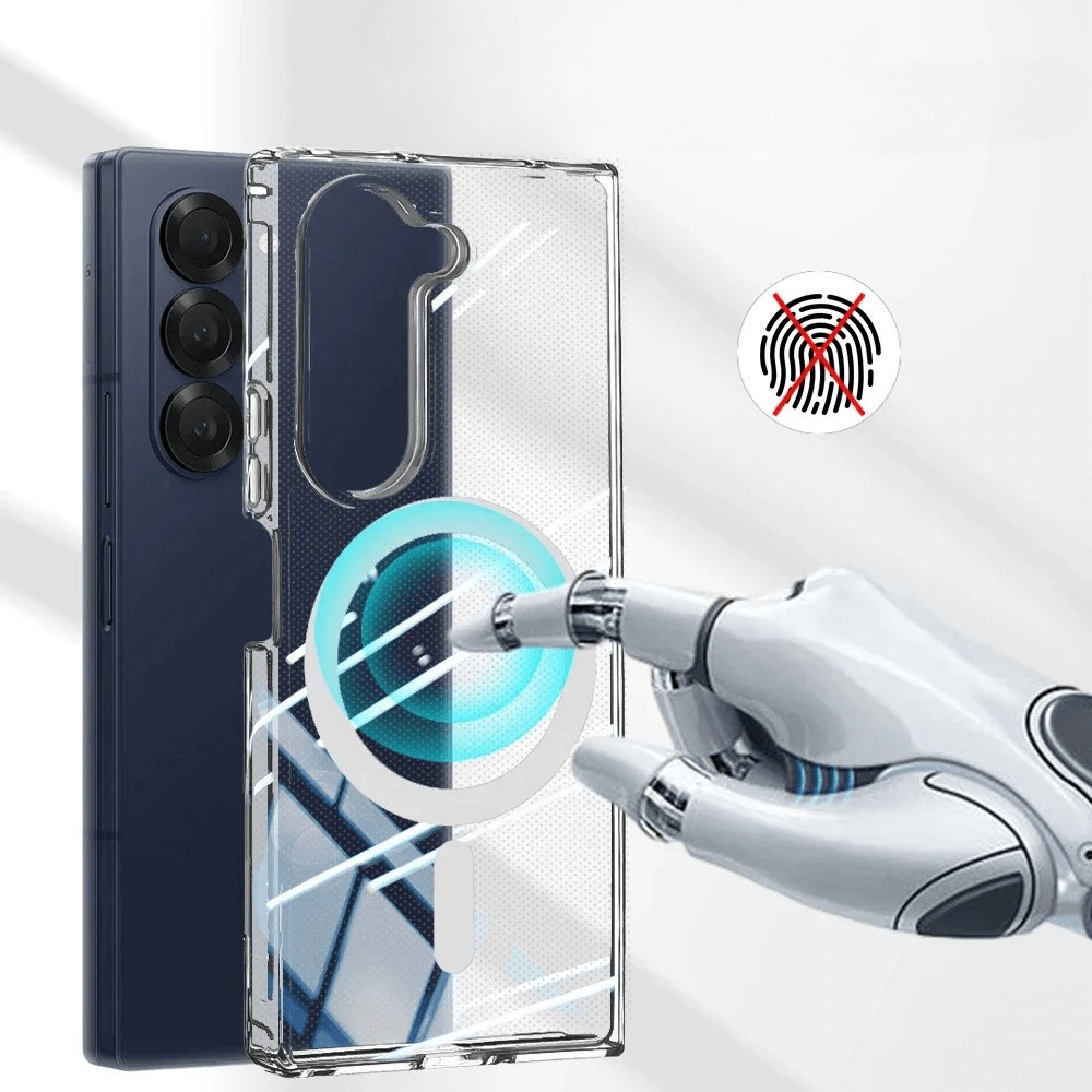 Eine Roboterhand berührt eine Galaxy Z Fold7 - Schützende Acryl-Handyhülle mit Magnet von Cover-Discount, die 360-Grad-Schutz bietet und neben einem Smartphone mit dreifacher Rückkamera platziert ist.