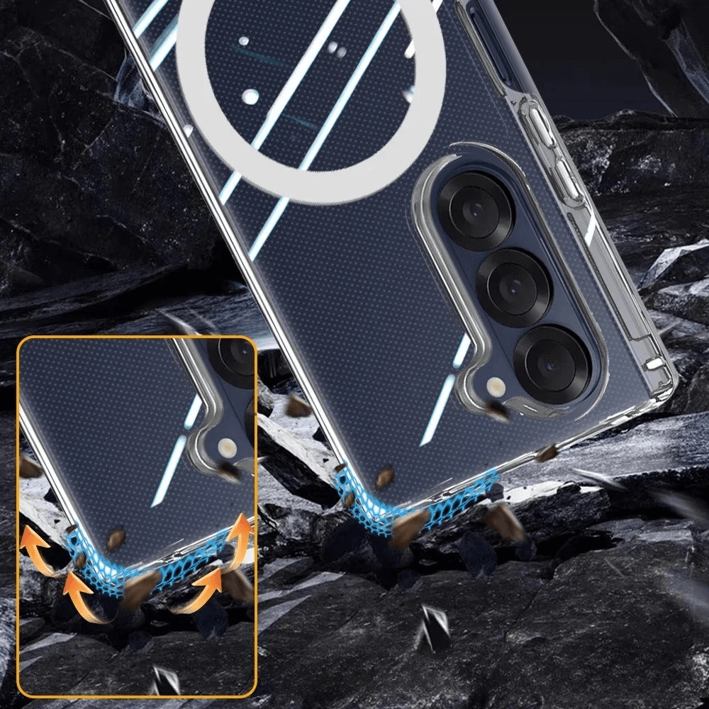 Die Cover-Discount Galaxy Z Fold7 - Schützende Acryl-Handyhülle mit Magnet bietet 360-Grad-Schutz durch verstärkte Ecken, illustriert mit animierten Pfeilen zur Darstellung des Stoßschutzes.