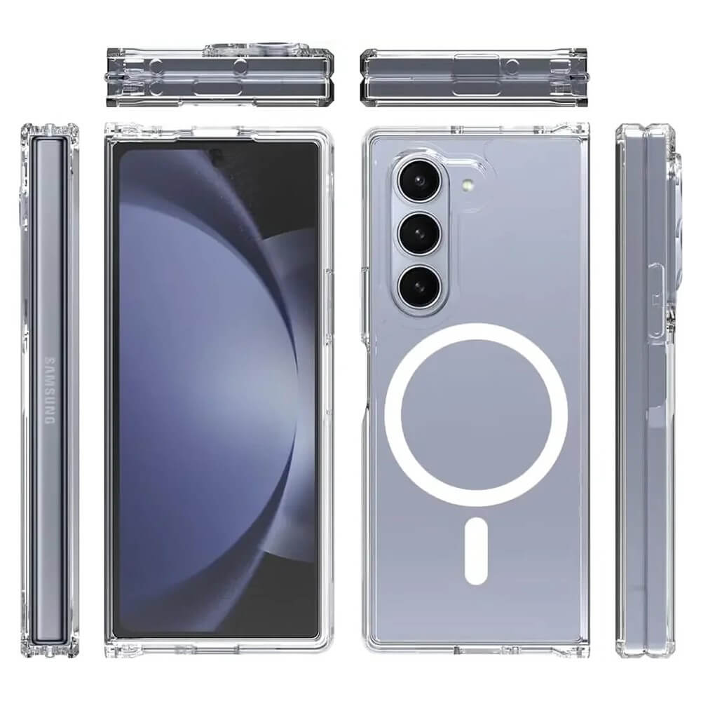 Die Cover-Discount Galaxy Z Fold7 Schützende Acryl-Handyhülle mit Magnet bietet 360°-Schutz und präsentiert Ihr Samsung Foldable stilvoll aus jedem Blickwinkel vor weißem Hintergrund.