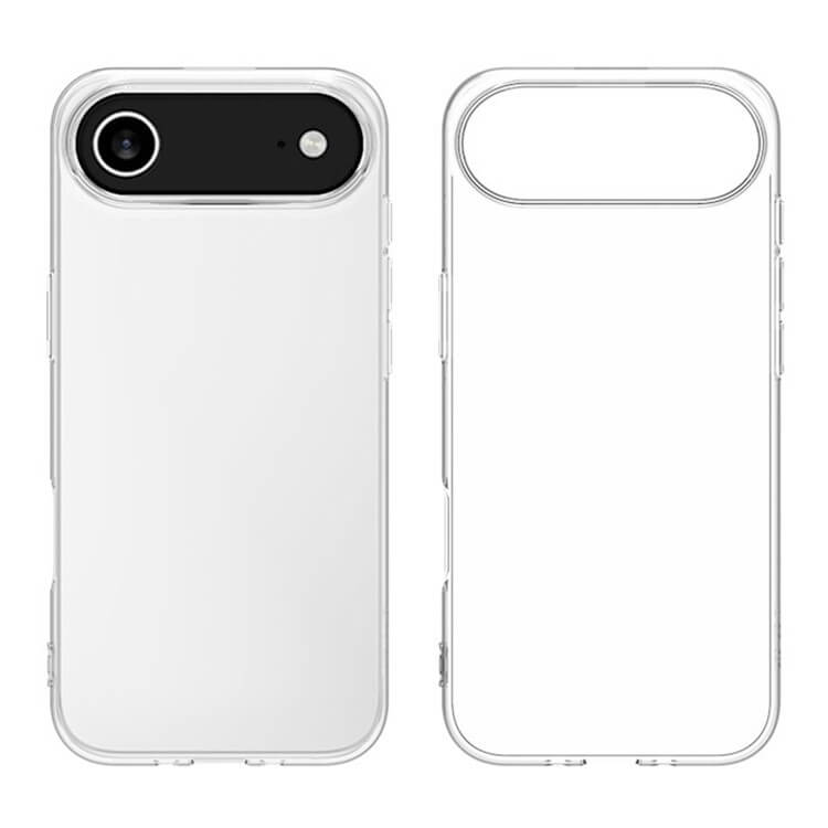 Das Cover-Discount iPhone 17 Air - Silikon Gummi Case transparent ist auf Vorder- und Rückseite abgebildet, mit schwarz umrandetem Kameraausschnitt und Antifingerprint-Schutz für Ihr iPhone 17 Air.