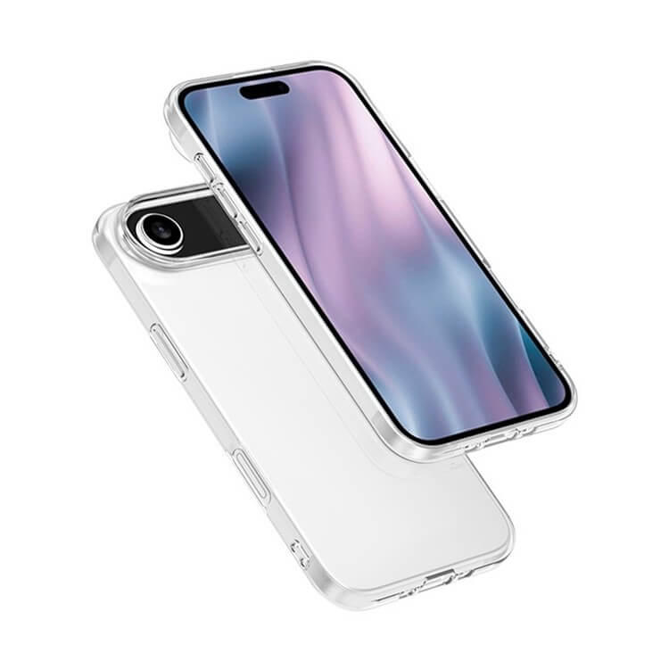 Zwei Smartphones in durchsichtigen Hüllen - eine zeigt den Bildschirm, eine die Rückseite - bietet die Cover-Discount iPhone 17 Air Silikon Gummi Case transparent für dauerhaften, fingerabdruckresistenten Schutz und dauerhafte Klarheit.