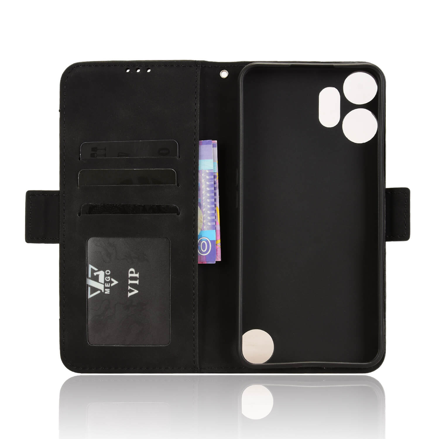 Das Cover-Discount CMF Phone 2 Pro - Etui viele Kartenfächer ist ein schwarzes Flip Case mit mehreren Kartenfächern, einem Geldfach und einem sicheren Telefonhalter, abgebildet auf einem weißen Hintergrund.