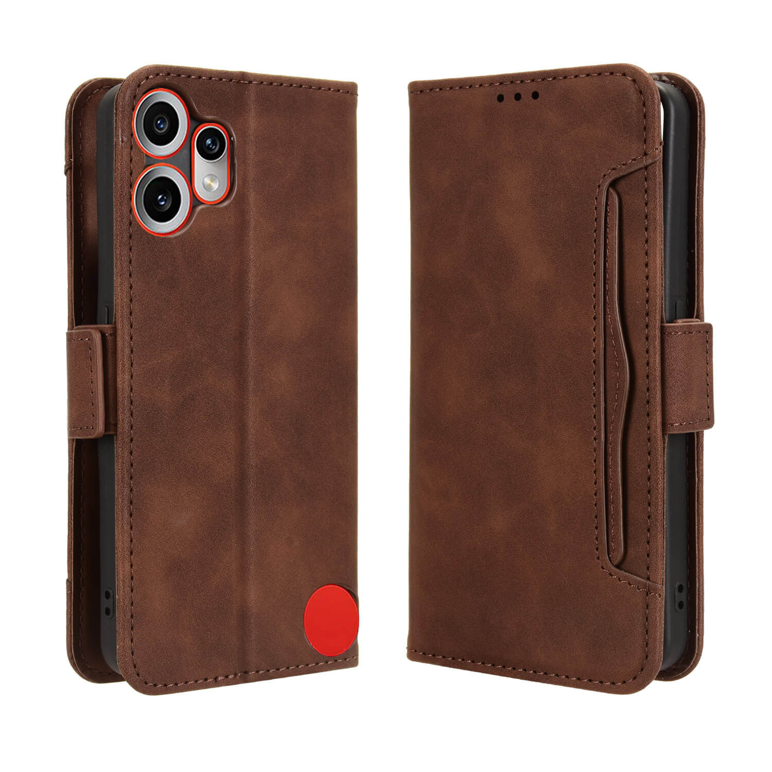 Cover-Discount's CMF Phone 2 Pro - Etui viele Kartenfächer in braunem Leder mit rotem Kreisakzent, abgebildet von vorne und hinten.