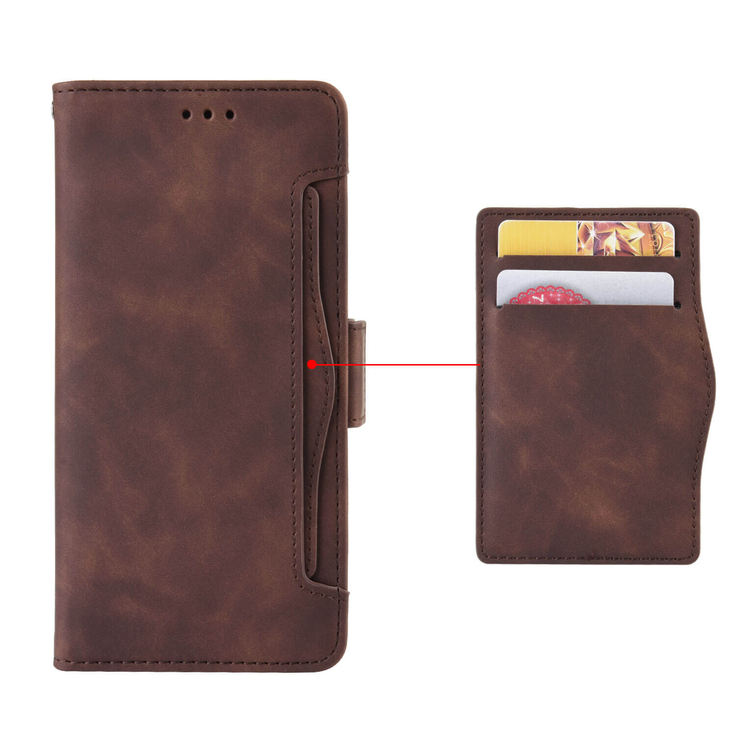 Das Cover-Discount CMF Phone 2 Pro - Etui viele Kartenfächer ist neben einem passenden, mit Karten gefüllten Kartenhalter abgebildet, beide auf weißem Hintergrund.