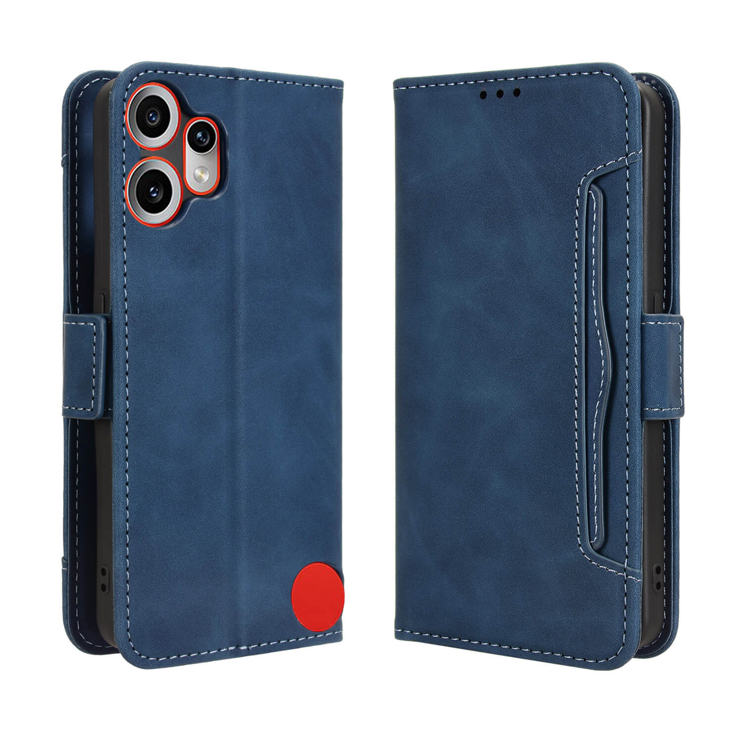 Cover-Discount CMF Phone 2 Pro - Etui viele Kartenfächer in blauem Leder mit roten Akzenten, dargestellt von hinten und vorne, mit Kameraausschnitten.