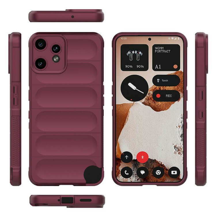 Die Cover-Discount CMF Phone 2 Pro - Rugged Protective Hülle in kastanienbraun wird aus verschiedenen Blickwinkeln gezeigt, wobei der Bildschirm und die physischen Tasten für maximalen Schutz hervorgehoben werden.