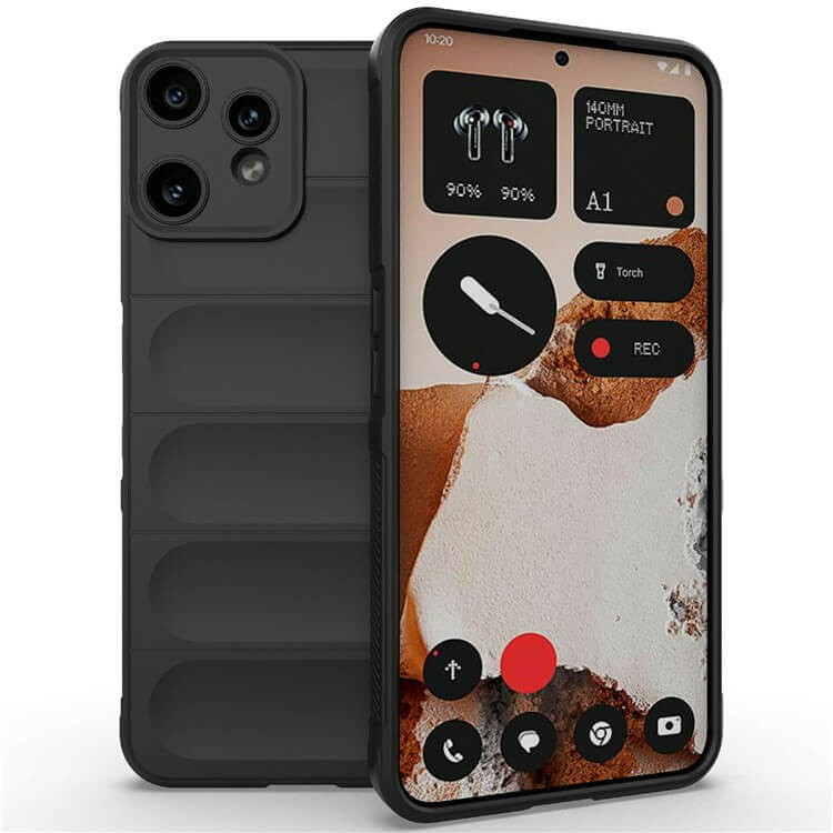 Ein schwarzes Smartphone mit der Cover-Discount CMF Phone 2 Pro - Rugged Protective Hülle bietet maximalen Schutz und präsentiert eine minimalistische Oberfläche mit großen Symbolen auf dem Bildschirm.