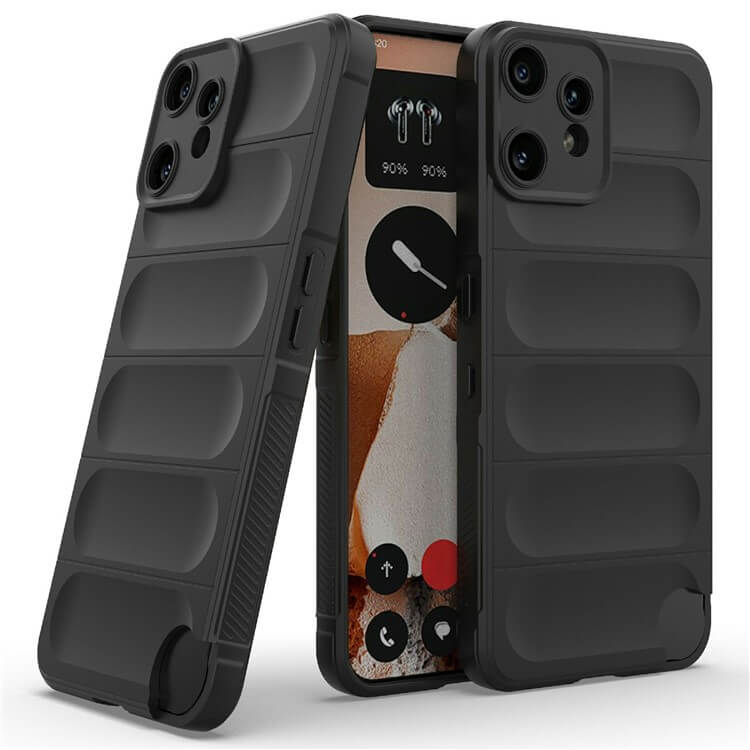 Zwei schwarze Cover-Discount CMF Phone 2 Pro - Rugged Protective Hülle sind abgebildet: Eine zeigt die robuste Schutzrückseite, die andere die Vorderseite, beide bieten maximalen Schutz für Ihr Gerät.