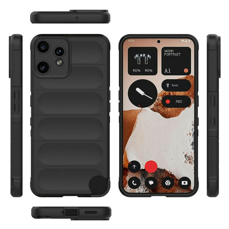 Die Cover-Discount CMF Phone 2 Pro - Rugged Protective Hülle in schwarz, hier aus mehreren Blickwinkeln mit sichtbarem Homescreen, bietet maximalen Schutz und dauerhaften Style.