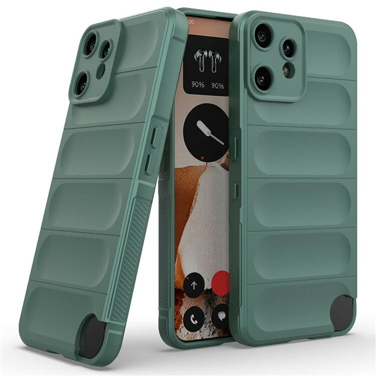 Zwei grüne Cover-Discount CMF Phone 2 Pro - Robuste Schutzhüllen von Hülle mit geriffeltem Design, darunter eine, die den Bildschirm des Telefons während eines Anrufs zeigt, bieten maximalen Schutz für Ihr Gerät.