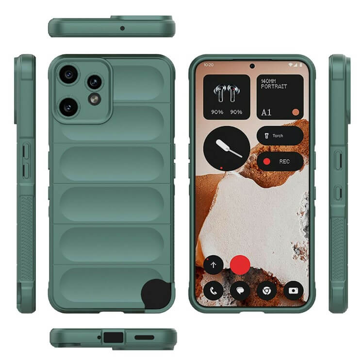 Die Cover-Discount CMF Phone 2 Pro - Rugged Protective Hülle wird aus verschiedenen Blickwinkeln gezeigt, wobei ein Gerät den Startbildschirm anzeigt. Dieser Fall bietet maximalen Schutz, während ein schlankes Design für Ihr CMF Phone 2 Pro zu halten.
