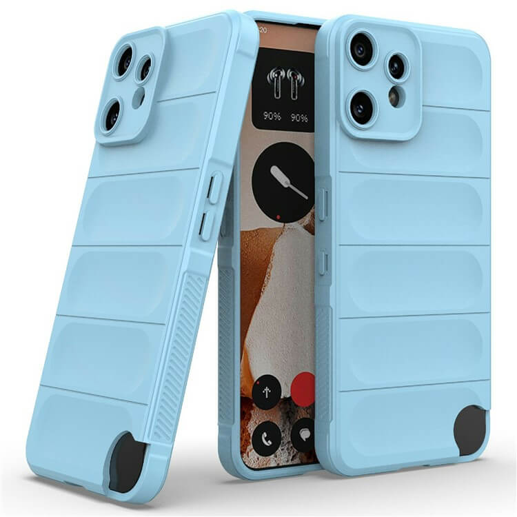 Zwei blaue strukturierte Cover-Discount CMF Phone 2 Pro - Rugged Protective Hülle Hüllen für ein Smartphone, von denen eine die Vorderseite und die andere die Rückseite zeigt, bieten mit ihrem robusten Schutzdesign maximalen Schutz.