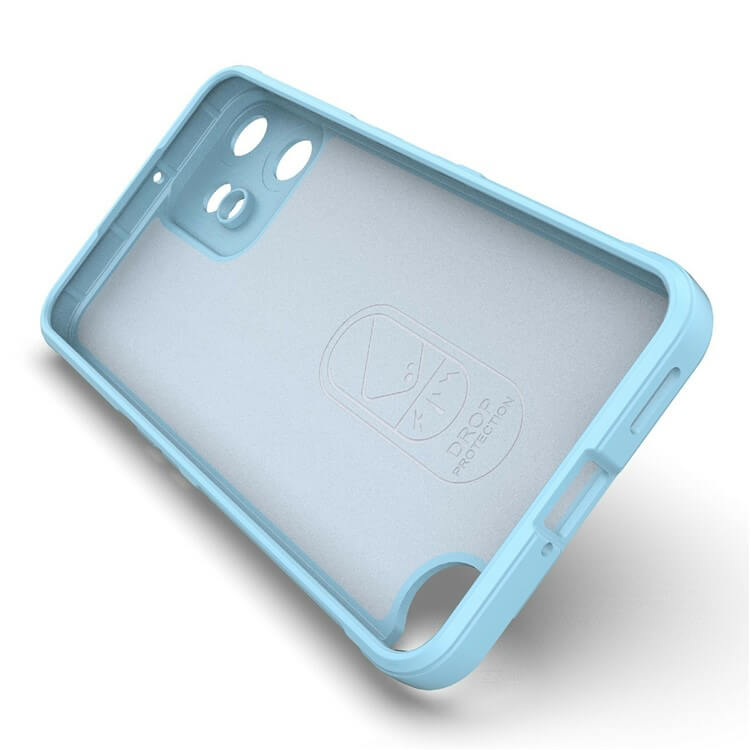 Die Cover-Discount CMF Phone 2 Pro - Rugged Protective Hülle in Hellblau verfügt über eine transparente Rückseite, präzise Kameraausschnitte und einen "Drop Protection"-Text im Inneren für maximalen Schutz.